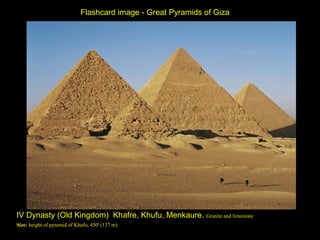 Flashcard image - Great Pyramids of Giza




IV Dynasty (Old Kingdom) Khafre, Khufu, Menkaure. Granite and limestone
Size: height of pyramid of Khufu, 450' (137 m)
 