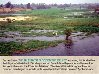 For centuries, THE NILE RIVER FLOODED THE VALLEY, enriching the land with a
thick layer of alluvial soil. Flooding occurred from July to September as the result of
the tropical rains in the Ethiopian tableland. The river attained its highest level in
October, then began to recede to its lowest point sometime between April and June.
 