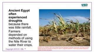 Ancient Egypt
often
experienced
droughts
because there
was little rainfall.
Farmers
depended on
methods of using
the Nile River to
water their crops.
CCSS.ELA-LITERACY.RST.6-8.4.Determine the meaning of symbols, key terms, and other domain-
specific words and phrases as they are used in a specific scientific or technical context relevant to
grades 6-8 texts and topics.
Copyright 2015 © VBL ™
 