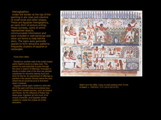 Hieroglyphics
Under the border at the top of the
painting in are rows and columns
of small birds and other shapes.
These are Egyptian hieroglyphics,
an early form of picture writing.
These symbols, some of which
represented objects,
communicated information and
were included in wall paintings and
other art forms to help tell the
story. The signs were generally
spaced to form attractive patterns,
frequently clusters of squares or
rectangles.
False Door Stela
Painted on another wall of the small chapel
within Nakht's tomb is a false door. The
priest's ka was expected to pass through
this door in search of offerings. Arranged in
bands on either side of the door are painted
substitutes for servants bearing food and
drink for the ka. An assortment of offerings is
painted in the section directly below the door
where the ka would be sure to find them
when it entered.
Egyptian artists were content to echo the
art of the past until they encountered new
ideas from outside sources, such as Greece
and Rome. As the influence of these new
ideas grew, Egyptian art lost much of its
unique character, and Egyptian artists
ceased to create the unique art of the
pharaohs.
Nakht and His Wife. Copy of wall painting from Tomb
of Nakht. c. 1425 B.C. 2 X 1.53 m (6.5 X 5').
 