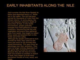 EARLY INHABITANTS ALONG THE NILE
Each summer the Nile River flooded its
banks and deposited layers o f fertile
soil in the valley. This soil had been
carried for thousands of miles from the
African interior. In some places, the
rich soil deposits reached a depth of
more than 30 feet. In this fertile
environment, people gradually
changed from food gatherers to food
producers. Discovering that the wild
vegetables and grains they gathered
grew from seeds, they began to collect
these seeds and planted them in the
fertile soil of the valley.
Although the people continued to hunt
animals for food, they came to rely
more and more on the animals they
raised themselves. This gave them an
advantage over their ancestors. They
were no longer entirely dependent on
the game they hunted for survival.
Because they did not have to move
from one location to another in search
of food, they began to build more
permanent houses of mud, wood, and
reeds.
 
