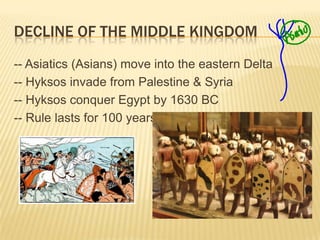 DECLINE OF THE MIDDLE KINGDOM
-- Asiatics (Asians) move into the eastern Delta
-- Hyksos invade from Palestine & Syria
-- Hyksos conquer Egypt by 1630 BC
-- Rule lasts for 100 years
 