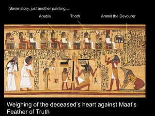 Weighing of the deceased’s heart against Maat’s
Feather of Truth
Anubis Thoth Ammit the Devourer
Same story, just another painting…
 