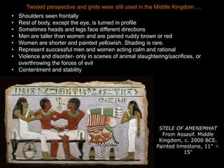 STELE OF AMENEMHAT
From Assasif. Middle
Kingdom, c. 2000 BCE.
Painted limestone, 11" ×
15"
• Shoulders seen frontally
• Rest of body, except the eye, is turned in profile
• Sometimes heads and legs face different directions
• Men are taller than women and are pained ruddy brown or red
• Women are shorter and painted yellowish. Shading is rare.
• Represent successful men and women acting calm and rational
• Violence and disorder- only in scenes of animal slaughtering/sacrifices, or
overthrowing the forces of evil
• Contentment and stability
Twisted perspective and grids were still used in the Middle Kingdom….
 
