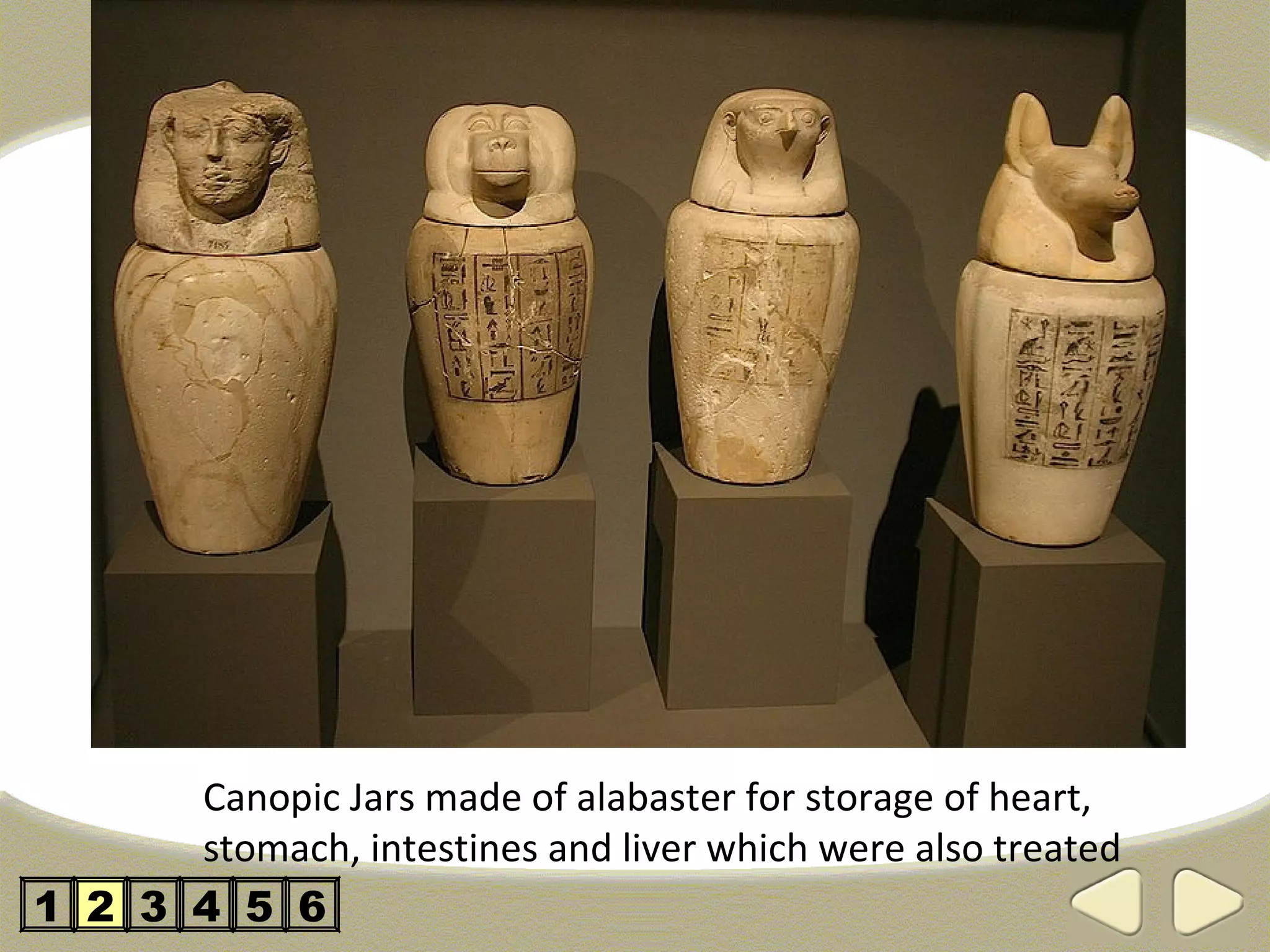 Canopic Jars made of alabaster for storage of heart,
      stomach, intestines and liver which were also treated
1 2 3 4 5 6
 