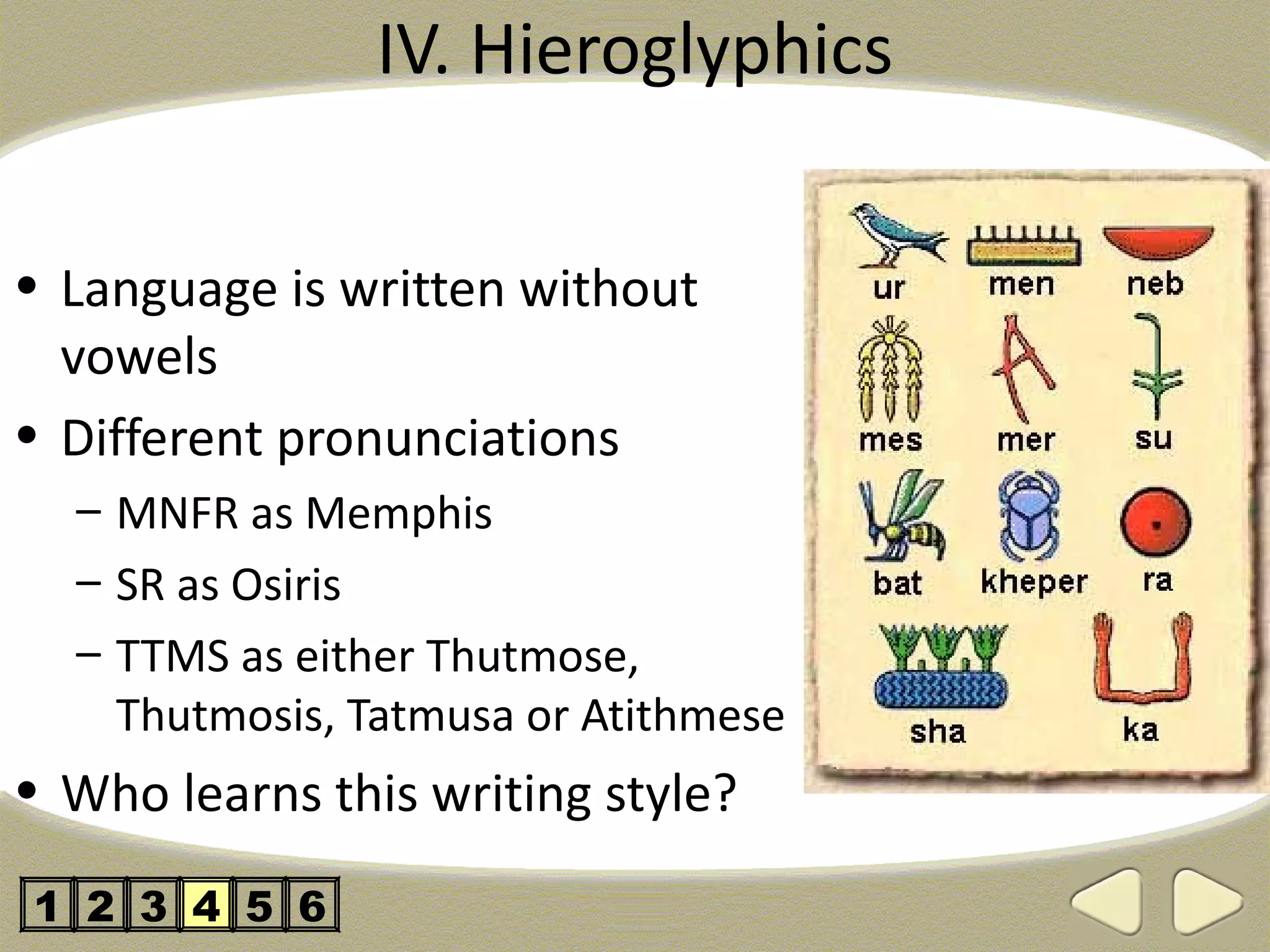 IV. Hieroglyphics

• Language is written without
  vowels
• Different pronunciations
  – MNFR as Memphis
  – SR as Osiris
  – TTMS as either Thutmose,
    Thutmosis, Tatmusa or Atithmese
• Who learns this writing style?

1 2 3 4 5 6
 