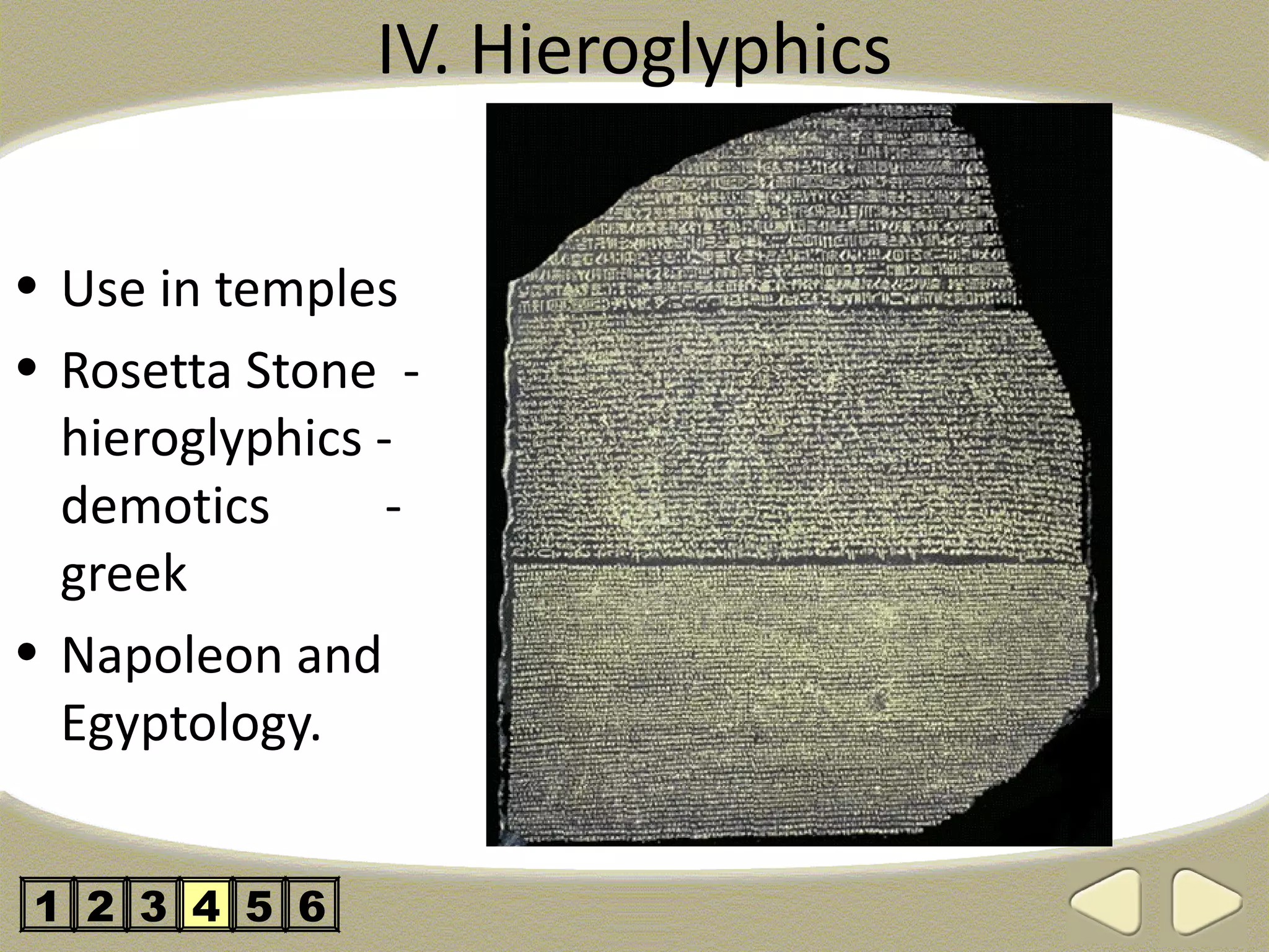 IV. Hieroglyphics

• Use in temples
• Rosetta Stone -
  hieroglyphics -
  demotics       -
  greek
• Napoleon and
  Egyptology.


1 2 3 4 5 6
 