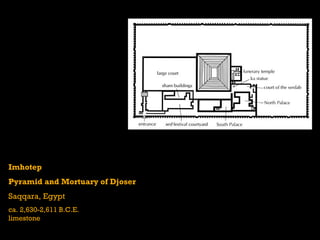 Imhotep
Pyramid and Mortuary of Djoser
Saqqara, Egypt
ca. 2,630-2,611 B.C.E.
limestone
 