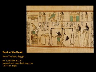 Book of the Dead
from Thebes, Egypt
ca. 1,040-945 B.C.E.
painted and inscribed papyrus
13 3/4 in. high
 