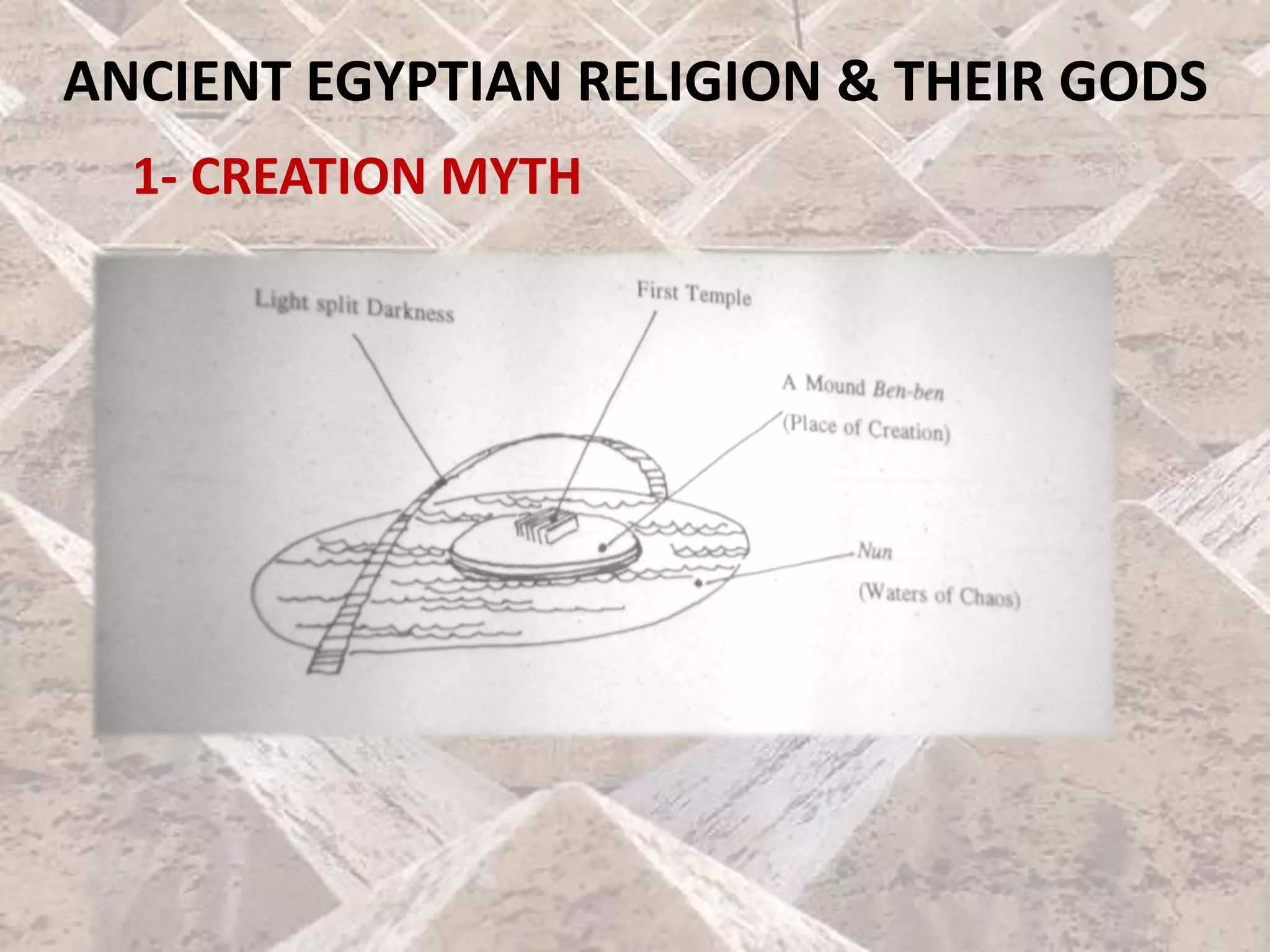 ANCIENT EGYPTIAN RELIGION & THEIR GODS
1- CREATION MYTH
 