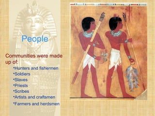 People Communities were made up of: Hunters and fishermen Soldiers Slaves Priests Scribes Artists and craftsmen Farmers and herdsmen   