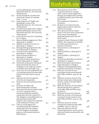 mummy (photograph courtesy of the
Manchester Museum, The University
of Manchester). 382
16.12 Section through the intestinal wall
showing the remains of a parasitic
worm. ;3,000. 382
16.13 Empty puparium of Piophila casei
(photograph courtesy of the
Manchester Museum, The University
of Manchester). 384
16.14 An adult hump spider beetle, Gibbium
psylloides (photograph courtesy of the
Manchester Museum, The University
of Manchester). 385
17.1 Castor (Ricinus communis L.) (drawing
by N. Hepper). 391
17.2 Balanos (Balanites aegyptiaca (L.) Del.)
(drawing by N. Hepper). 393
17.3 Saºower (Carthamus tinctorius L.)
(drawing by N. Hepper). 394
17.4 Moringa (Moringa peregrina (Forssk.)
Fiori) (drawing by N. Hepper). 395
17.5 Linseed (Linum usitatissimum L.)
(drawing by N. Hepper). 396
17.6 Sesame (Sesamum indicum L.)
(drawing by N. Hepper). 398
17.7 Colocynth (Citrullus colocynthus (L.)
Schrad.) (drawing by N. Hepper). 403
17.8 Nineteenth-century print showing oil
being extracted by the process of
wringing it out of a bag into a pottery
vessel (after Amouretti 1986: 159). 406
17.9 Scene from the tomb of Rekhmira (TT
100) showing removal of honeycombs
from the hive (after Davies 1943: pl.
XLIX). 410
17.10 Molecular structure of a glycerol
molecule and a triglyceride. 412
17.11 Structures of stearic and linoleic fatty
acids. 413
17.12 IR spectra of modern oils,
demonstrating their similarity. 416
17.13 Mass spectrum (electron impact mode
70 ev) of a component from a
trans/thermolytically methylated
sample taken from the contents of a
New Kingdom one-handled pottery jar
with painted decoration (BM
EA4902). The component is identified
as the methylester of stearic acid. 417
17.14 Total ion chromatogram of a
trans/thermolytically methylated
sample taken from the contents
of a New Kingdom one-handled
pottery jar with painted decoration
(BM EA4902). 418
17.15 Mass spectrum of one of the
components found on a sample
of the contents of a late Eighteenth-
Dynasty one-handled calcite cosmetic
jar (BM EA24708[11]; part of the toilet
box of Tutu).
The component is identified as
cholesterol. 419
17.16 IR spectrum of modern beeswax
fragment (transmittance spectrum,
infrared microscope). 421
17.17 Mass spectrum (electron impact
mode 70 eV) of one of the components
from a trans/ thermolytically
methylated sample taken from the
black varnish
coating of a shabti of Rameses IX (BM
EA8571). The component is identified
as methyl tetracosanoate (C24),
indicative of beeswax. 421
18.1 Pistacia lentiscus L. (drawing by N.
Hepper). 434
18.2 Pistacia terbinthus L. (drawing by N.
Hepper). 435
18.3 Cistus laurifolius L. (drawing by N.
Hepper). 437
18.4 Frankincense (Boswellia sacra Flueck.)
(drawing by N. Hepper). 438
18.5 Myrrh (Commiphora myrrha (Nees)
Engl.) (drawing by N. Hepper). 439
18.6 Galbanum (Ferula galbaniflua Boiss.
and Buhse) (drawing by N. Hepper). 442
18.7 Molecular structures of some
monoterpenes and monoterpenoids
(after Mills and White 1994: 96, fig.
8.1). 444
18.8 Molecular structures of some of the
abietane and pimarane diterpenoids
found in conifer resins (after White
1994: 98, fig. 8.2). 445
18.9 Molecular structures of some labdane
diterpenoids found in coniferous
resins (after Mills and White 1994:
99, fig. 8.3). 446
18.10 Molecular structure of cis-abienol. 446
18.11 Molecular structures of triterpenoid
components found in pistacia resin
(after Mills and White 1994: 107, fig.
8.5). 448
18.12 Molecular structures of some
triterpenoid components (after Mills
and White 1994: 107, fig. 8.5). 448
18.13 Molecular structures of some
triterpenoids found in myrrh (commic
acids) and frankincense (boswellic acid
derivatives). 449
xiv figures
 