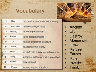 Vocabulary
5
• Ancient
• Lift
• Destroy
• Monument
• Draw
• Refuse
• Forces
• Rule
• Invade
• Tomb
Ancient
Lift
Destroy
Monument
Draw
Refuse
Forces
Rule
Invade
Tomb
 