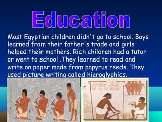 Most Egyptian children didn't go to school. Boys
learned from their father's trade and girls
helped their mothers. Rich children had a tutor
or went to school .They learned to read and
write on paper made from papyrus reeds. They
used picture writing called hieroglyphics.
 