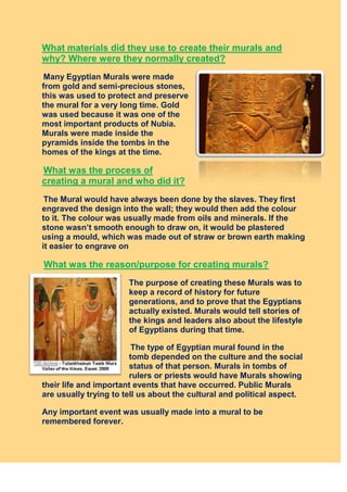 3390900647700What materials did they use to create their murals and why? Where were they normally created?  <br /> Many Egyptian Murals were made from gold and semi-precious stones, this was used to protect and preserve the mural for a very long time. Gold was used because it was one of the most important products of Nubia. Murals were made inside the pyramids inside the tombs in the homes of the kings at the time.<br /> What was the process of creating a mural and who did it?<br /> The Mural would have always been done by the slaves. They first engraved the design into the wall; they would then add the colour to it. The colour was usually made from oils and minerals. If the stone wasn’t smooth enough to draw on, it would be plastered using a mould, which was made out of straw or brown earth making it easier to engrave on<br />-219075369570 What was the reason/purpose for creating murals?<br />The purpose of creating these Murals was to keep a record of history for future generations, and to prove that the Egyptians actually existed. Murals would tell stories of the kings and leaders also about the lifestyle of Egyptians during that time.<br /> The type of Egyptian mural found in the tomb depended on the culture and the social status of that person. Murals in tombs of rulers or priests would have Murals showing their life and important events that have occurred. Public Murals are usually trying to tell us about the cultural and political aspect.<br />Any important event was usually made into a mural to be remembered forever.<br /> <br />What sort of content did the murals normally have, why? <br />Many Murals were based around daily life, historical figures from Egypt; they would usually be centred on the gods. <br />Murals were also being made about Pharaohs, battles, important events, gods, it was usually based on things that they would want future generation to know about and remember.<br />39052520320<br />