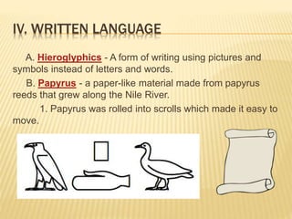 IV. WRITTEN LANGUAGE
A. Hieroglyphics - A form of writing using pictures and
symbols instead of letters and words.
B. Papyrus - a paper-like material made from papyrus
reeds that grew along the Nile River.
1. Papyrus was rolled into scrolls which made it easy to
move.
 