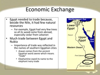 Economic Exchange
• Egypt needed to trade because,
beside the Nile, it had few natural
resources
– For example, Egypt had very few trees
so all its wood came from abroad,
especially cedar from Lebanon
• Much trade between Egypt and
Nubia
– Importance of trade was reflected in
the names of southern Egyptian cities
• Aswan comes from the ancient
Egyptian word swene which means
“trade”
• Elephantine owed its name to the
elephant ivory trade
 