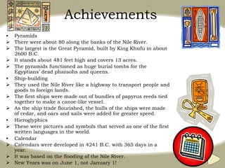 Achievements
• Pyramids
 There were about 80 along the banks of the Nile River.
 The largest is the Great Pyramid, built by King Khufu in about
2600 B.C.
 It stands about 481 feet high and covers 13 acres.
 The pyramids functioned as huge burial tombs for the
Egyptians’ dead pharaohs and queens.
• Ship-building
 They used the Nile River like a highway to transport people and
goods to foreign lands.
 The first ships were made out of bundles of papyrus reeds tied
together to make a canoe-like vessel.
 As the ship trade flourished, the hulls of the ships were made
of cedar, and oars and sails were added for greater speed.
• Hieroglyphics
 These were pictures and symbols that served as one of the first
written languages in the world.
• Calendar
 Calendars were developed in 4241 B.C. with 365 days in a
year.
 It was based on the flooding of the Nile River.
 New Years was on June 1, not January 1!
 