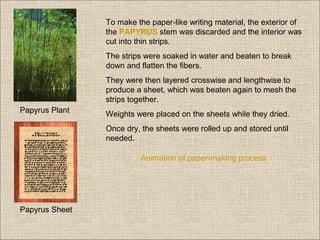 To make the paper-like writing material, the exterior of
the PAPYRUS stem was discarded and the interior was
cut into thin strips.
The strips were soaked in water and beaten to break
down and flatten the fibers.
They were then layered crosswise and lengthwise to
produce a sheet, which was beaten again to mesh the
strips together.
Papyrus Plant

Weights were placed on the sheets while they dried.
Once dry, the sheets were rolled up and stored until
needed.
Animation of paper-making process

Papyrus Sheet

 