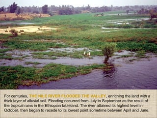 For centuries, THE NILE RIVER FLOODED THE VALLEY, enriching the land with a
thick layer of alluvial soil. Flooding occurred from July to September as the result of
the tropical rains in the Ethiopian tableland. The river attained its highest level in
October, then began to recede to its lowest point sometime between April and June.

 