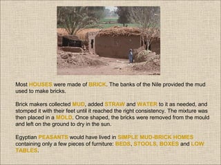 Most HOUSES were made of BRICK. The banks of the Nile provided the mud
used to make bricks.
Brick makers collected MUD, added STRAW and WATER to it as needed, and
stomped it with their feet until it reached the right consistency. The mixture was
then placed in a MOLD. Once shaped, the bricks were removed from the mould
and left on the ground to dry in the sun.
Egyptian PEASANTS would have lived in SIMPLE MUD-BRICK HOMES
containing only a few pieces of furniture: BEDS, STOOLS, BOXES and LOW
TABLES.

 