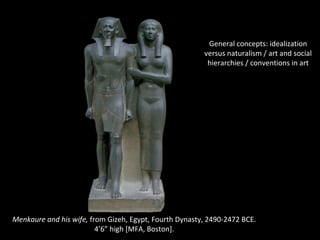 General concepts: idealization 
versus naturalism / art and social 
hierarchies / conventions in art 
Menkaure and his wife, from Gizeh, Egypt, Fourth Dynasty, 2490-2472 BCE. 
4’6” high [MFA, Boston]. 
 