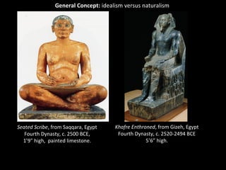 General Concept: idealism versus naturalism 
Seated Scribe, from Saqqara, Egypt 
Fourth Dynasty, c. 2500 BCE, 
1’9” high, painted limestone. 
Khafre Enthroned, from Gizeh, Egypt 
Fourth Dynasty, c. 2520-2494 BCE 
5’6” high. 
 