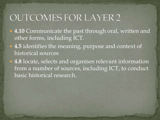  4.10 Communicate the past through oral, written and
other forms, including ICT.
 4.5 identifies the meaning, purpose and context of
historical sources
 4.8 locate, selects and organises relevant information
from a number of sources, including ICT, to conduct
basic historical research.
 