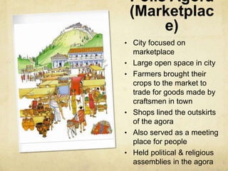 Polis Agora 
(Marketplac 
e) 
• City focused on 
marketplace 
• Large open space in city 
• Farmers brought their 
crops to the market to 
trade for goods made by 
craftsmen in town 
• Shops lined the outskirts 
of the agora 
• Also served as a meeting 
place for people 
• Held political & religious 
assemblies in the agora 
 