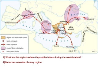 1) What are the regions where they settled down during the colonistation?
2)Name two colonies of every region.
 