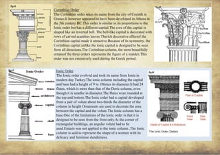 ANCIENT GREEK CIVILIZATION
Ionic Order
The Ionic order evolved and took its name from Ionia in
modern day Turkey.The ionic column including the capital
and base had a height of 9 to 10times its diameter.It had 24
flutes, which is more than that of the Doric column, even
though it is smaller in diameter.The flutes were rounded at
the top and bottom.The Ionic order had a capital developed
from a pair of volute about two-thirds the diameter of the
column in height Ornaments are used to decorate the area
between the capital and the volute.The Ionic column has a
base.One of the limitations of the Ionic order is that it is
designed to be seen from the front only.At the corner of
rectangular buildings, an angular volute had to be
used.Entasis was not applied to the ionic column .The Ionic
column is said to represent the shape of a women with its
delicacy and feminine slenderness.
Corinthian Order
The Corinthian order takes its name from the city of Corinth in
Greece.It however appeared to have been developed in Athens in
the 5th century BC.This order is similar in its proportions to the
Ionic order but has a different capital.The core of the capital is
shaped like an inverted bell. The bell-like capital is decorated with
rows of carved acanthus leaves.Therich decorative effectof the
Corinthian capital made it attractive.Because of its symmetry, the
Corinthian capital unlike the ionic capital is designed to be seen
from all directions.The Corinthian column, the most beautifully
ornateof the three orders represents the figure of a maiden.This
order was not extensively used during the Greek period.
10
fig41 fig42
fig43
fig44
 