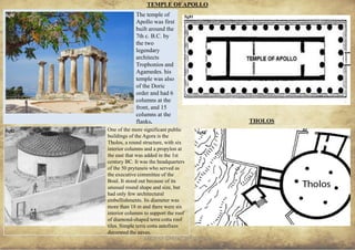 ANCIENT GREEK CIVILIZATION
The temple of
Apollo was first
built around the
7th c. B.C. by
the two
legendary
architects
Trophonios and
Agamedes. his
temple was also
of the Doric
order and had 6
columns at the
front, and 15
columns at the
flanks.
One of the more significant public
buildings of the Agora is the
Tholos, a round structure, with six
interior columns and a propylon at
the east that was added in the 1st
century BC. It was the headquarters
of the 50 prytaneis who served as
the executive committee of the
Boul. It stood out because of its
unusual round shape and size, but
had only few architectural
embellishments. Its diameter was
more than 18 m and there were six
interior columns to support the roof
of diamond-shaped terra cotta roof
tiles. Simple terra cotta antefixes
decorated the eaves.
TEMPLE OFAPOLLO
THOLOS
26
fig80 fig81
fig82 fig82
 