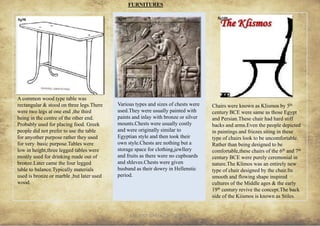 ANCIENT GREEK CIVILIZATION
A common wood type table was
rectangular & stood on three legs.There
were two legs at one end ,the third
being in the centre of the other end.
Probably used for placing food. Greek
people did not prefer to use the table
for anyother purpose rather they used
for very basic purpose.Tables were
low in height,three legged tables were
mostly used for drinking made out of
bronze.Later came the four legged
table to balance.Typically materials
used is bronze or marble ,but later used
wood.
32
FURNITURES
fig98
Various types and sizes of chests were
used.They were usually painted with
paints and inlay with bronze or silver
mounts.Chests were usually costly
and were originally similar to
Egyptian style and then took their
own style.Chests are nothing but a
storage space for clothing,jewllery
and fruits as there were no cupboards
and shleves.Chests were given
husband as their dowry in Hellenstic
period.
fig99
Chairs were known as Klismos by 5th
century BCE were same as those Egypt
and Persian.These chair had hard stiff
backs and arms.Even the people depicted
in paintings and friezes siting in these
type of chairs look to be uncomfortable.
Rather than being designed to be
comfortable,these chairs of the 6th and 7th
century BCE were purely ceremonial in
nature.The Klimos was an entirely new
type of chair designed by the chair.Its
smooth and flowing shape inspired
cultures of the Middle ages & the early
19th century revive the concept.The back
side of the Kiismos is known as Stiles.
fig100
 