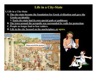 Life in a City-State
I. Life in a City-State
A. The city-state became the foundation for Greek civilization and gave the
Greeks an identity.
1. Each city-state had its own special gods or goddesses.
B. The town around the acropolis was surrounded by walls for protection.
C. People no longer had to fear raiders.
D. Life in the city focused on the marketplace, or agora.
 