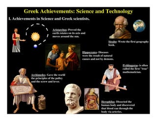 Greek Achievements: Science and Technology
I. Achievements in Science and Greek scientists.
Archimedes- Gave the world
the principles of the pulley
and the screw and lever.
Herophilus- Dissected the
human body and discovered
that blood ran through the
body via arteries.
Strabo- Wrote the first geography
book.
Aristarchus- Proved the
earth rotates on its axis and
moves around the sun.
Hippocrates- Diseases
were the result of natural
causes and not by demons.
Pythhagoras- is often
called the first "true"
mathematician.
 