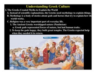 Understanding Greek Culture
I. The Greeks Created Myths to Explain the World
A. Instead of scientific explanations, the Greeks used mythology to explain things.
B. Mythology is a body of stories about gods and heroes that try to explain how the
world works.
C. Religion was a very important part of everyday life.
1. The Ancient Greeks worshipped nature (Pantheism)
a. Greek gods represented forces of nature, but had human traits.
2. To keep the gods happy, they built great temples. The Greeks expected help
when they needed it in return.
 