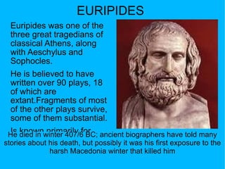 Aeschylus was killed in 456 BC when an eagle (or more likely a Lammergeier), mistaking the  playwright's bald crown for a stone, dropped a  tortoise on his head (though some accounts differ, claiming it was a stone dropped by an eagle or  vulture that likely mistook his bald head for the  egg of a flightless bird).  s bird). 