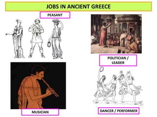 JOBS IN ANCIENT GREECE 
MUSICIAN 
POLITICIAN / 
LEADER 
DANCER / PERFORMER 
PEASANT 
 