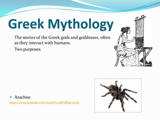 Greek Mythology
- The stories of the Greek gods and goddesses, often
  as they interact with humans.
- Two purposes




 Arachne
https://www.youtube.com/watch?v=qW3Bbav7w4A
 