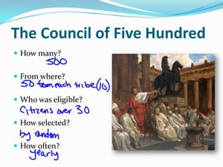 The Council of Five Hundred
 How many?


 From where?


 Who was eligible?


 How selected?


 How often?
 