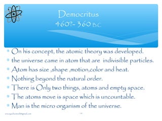 ∗ On his concept, the atomic theory was developed.
∗ the universe came in atom that are indivisible particles.
∗ Atom has size ,shape ,motion,color and heat.
∗ Nothing beyond the natural order.
∗ There is Only two things, atoms and empty space.
∗ The atoms move is space which is uncountable.
∗ Man is the micro organism of the universe.
Democritus
460?- 360 B.C
sna.syednomanli@gmail.com 14
 