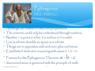 ∗ All things are number in ratio and proportions.
∗ The universe could only be understood through numbers.
∗ Number 1 is point,2 is line 3 is surface & 4 is solid.
∗ Line is infinite divisible so space is in infinite
∗ Things are in opposites odd and even ,plus and minus.
∗ Established deductive reasoning with axiom 2 + 2 = 4.
∗ Famous for the Pythagorean Theorem: a2
+ b2
= c2
∗ discovered music is governed with the principle of math.
Pythagoras
582-500 B.C.
sna.syednomanli@gmail.com 9
 
