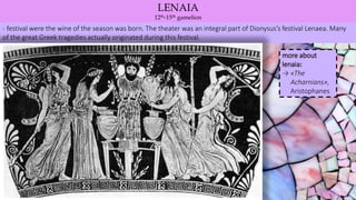 LENAIA
12th-15th gamelion
- festival were the wine of the season was born. The theater was an integral part of Dionysus’s festival Lenaea. Many
of the great Greek tragedies actually originated during this festival.
more about
lenaia:
→ «The
Acharnians»,
Aristophanes
 