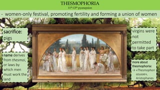 - women-only festival, promoting fertility and forming a union of women
THESMOPHORIA
11th-13th pyanepsion
more about
thesmophoria:
→ «Thesmophori
azusae»,
Aristophanes
sacrifice:
pigs
name derives
from thesmoi,
or laws by
which men
must work the
land
virgins were
not
permitted
to take part
 