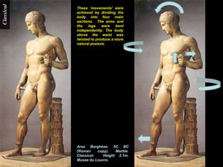Classical
            These „movements‟ were
            achieved by dividing the
            body into four main
            sections. The arms and
            the   legs    were   bent
            independently. The body
            above the waist was
            twisted to produce a more
            natural posture.




            Ares Borghese. 5C BC
            (Roman     copy).  Marble.
            Classical.   Height 2.1m.
            Musee du Louvre.
 