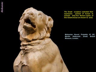 Hellenistic


              The Greek sculptors extended their
              expressive    portrait of human to
              animals. Only five Roman copies of
              this Greek bronze are known to exist.




              Molossian Hound. Probably 2C BC.
              Marble. Hellenistic . Greek. British
              Museum, London.
 