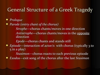 General Structure of a Greek Tragedy Prologue Parode (entry chant of the chorus) Strophe —chorus chants/moves in one direction Antistrophe —chorus chants/moves in the  opposite   direction Epode —chorus chants and stands still Episode— interaction of actor/s  with chorus (typically 3 to 5 in a play) Stasimon— chorus   reacts to each previous episode Exodos— exit   song of the chorus after the last  Stasimon 