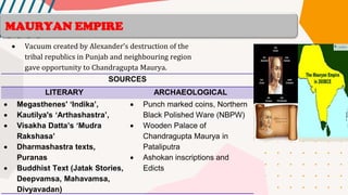 • Vacuum created by Alexander’s destruction of the
tribal republics in Punjab and neighbouring region
gave opportunity to Chandragupta Maurya.
SOURCES
LITERARY ARCHAEOLOGICAL
• Megasthenes' ‘Indika’,
• Kautilya's ‘Arthashastra’,
• Visakha Datta’s ‘Mudra
Rakshasa’
• Dharmashastra texts,
Puranas
• Buddhist Text (Jatak Stories,
Deepvamsa, Mahavamsa,
Divyavadan)
• Punch marked coins, Northern
Black Polished Ware (NBPW)
• Wooden Palace of
Chandragupta Maurya in
Pataliputra
• Ashokan inscriptions and
Edicts
MAURYAN EMPIRE
 