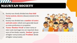 • Society was clearly divided into four-fold
Varna system, slavery (dasas) existed in the
society.
• Society was divided into a number of castes
and sub-castes which were generally based
on some profession or occupation.
• ‘Varna- Shankar Vivah’ or inter-varna or
inter-caste marriages too are reported; these
were of two kinds, namely, ‘Anulom’ (groom
of higher varna/caste) and ‘Pratilom’ (bride
of higher varna/caste).
MAURYAN SOCIETY
 