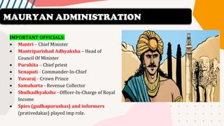 IMPORTANT OFFICIALS:
• Mantri – Chief Minister
• Mantriparishad Adhyaksha – Head of
Council Of Minister
• Purohita – Chief priest
• Senapati - Commander-In-Chief
• Yuvaraj - Crown Prince
• Samaharta - Revenue Collector
• Shulkadhyaksha - Officer-In-Charge of Royal
Income
• Spies (gudhapurushas) and informers
(prativedakas) played imp role.
MAURYAN ADMINISTRATION
 